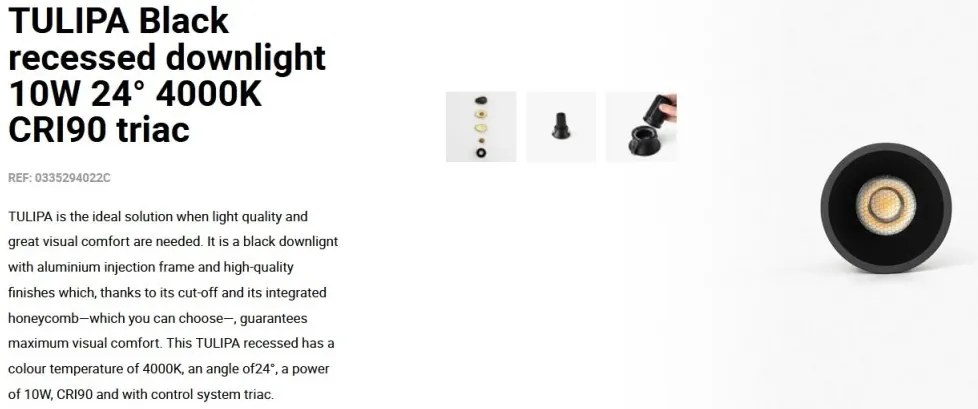 Spot LED incastrabil TULIPA Black recessed downlight 10W 24° 4000K CRI90 triac