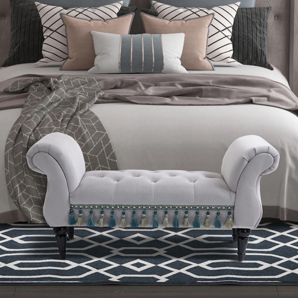 HOMCOM Bancă Banca capitonată Catifea Scaun cu brațe Lemn masiv de hevea Gri 40P x 117L x 58H cm | Aosom Romania