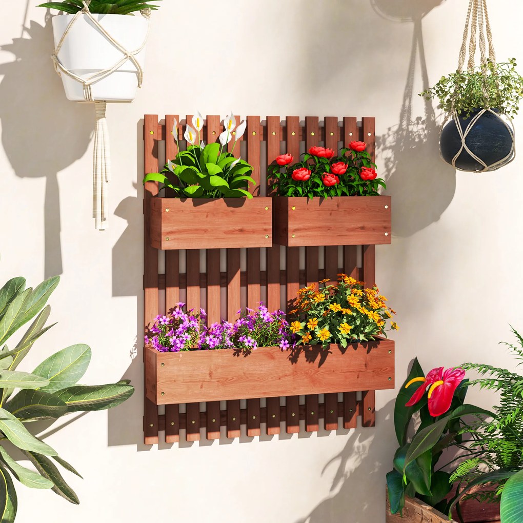 Outsunny Jardinieră Verticală cu Șipci și 3 Vase Detașabile, în Lemn de Brad, 60x16x80 cm, Maro | Aosom Romania