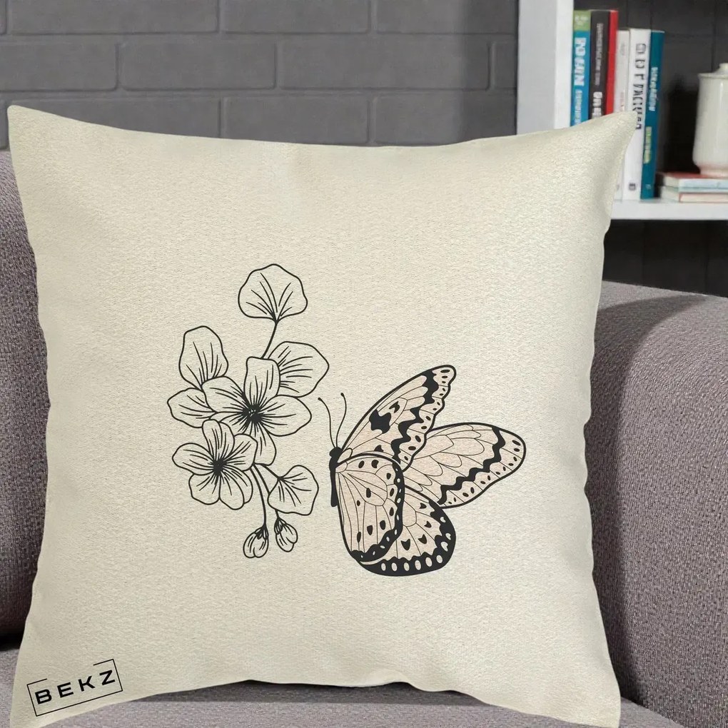 Perna Decorativa Fluture si Flori Linie Monocroma, 40x40 cm, Ecru, Husa Detasabila, Perna Inclusa, BEKZ®