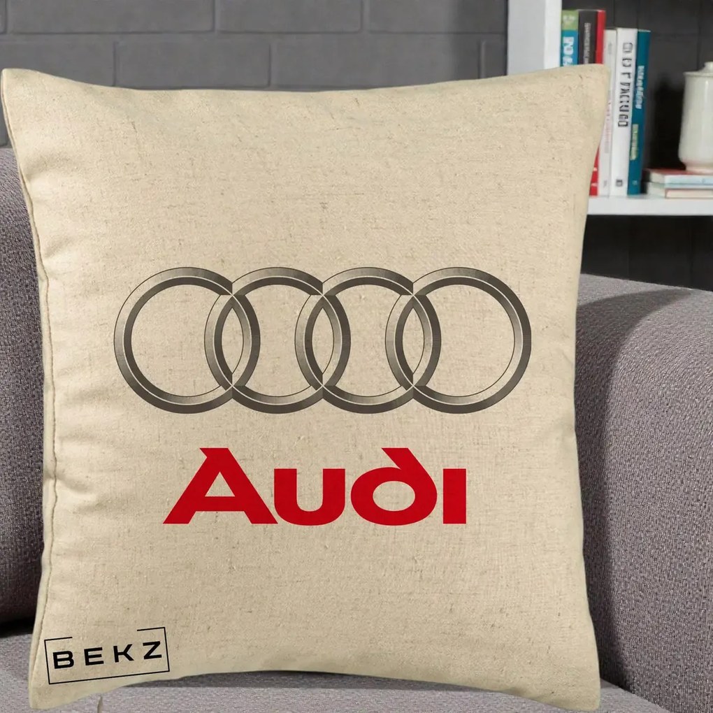 Perna Personalizata cu emblema Audi, 40x40 cm, Bej, Husa Detasabila, Perna Inclusa, BEKZ®