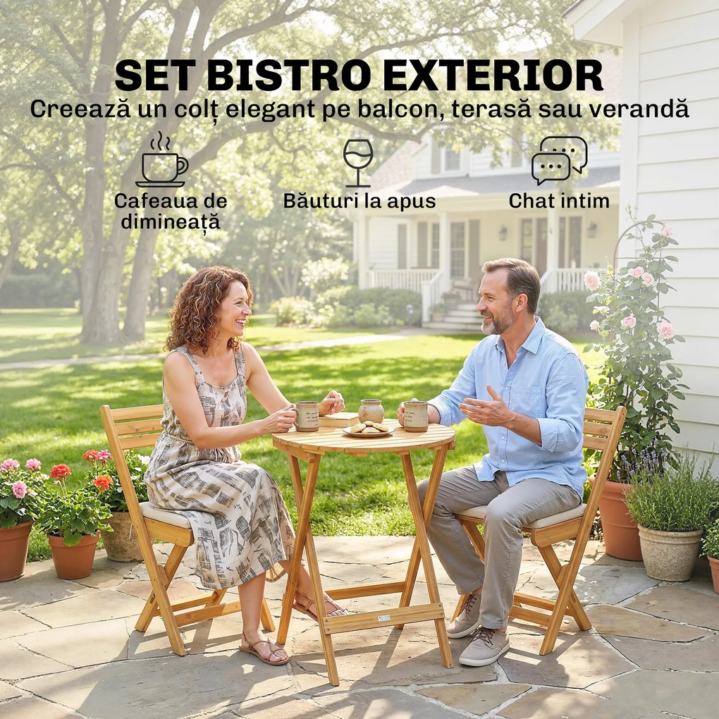 Outsunny masă și scaune pentru balcon, masă și scaune pentru exterior, set masă și scaune balcon, set bistro, set balcon pliabil lemn masă și scaune | Aosom Romania