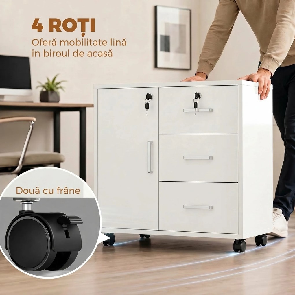 HOMCOM Dulap de Birou cu 3 Sertare și Dulăpior cu 3 Rafturi Reglabile, Sertar pentru Documente, 60x40x56 cm, Alb | Aosom Romania