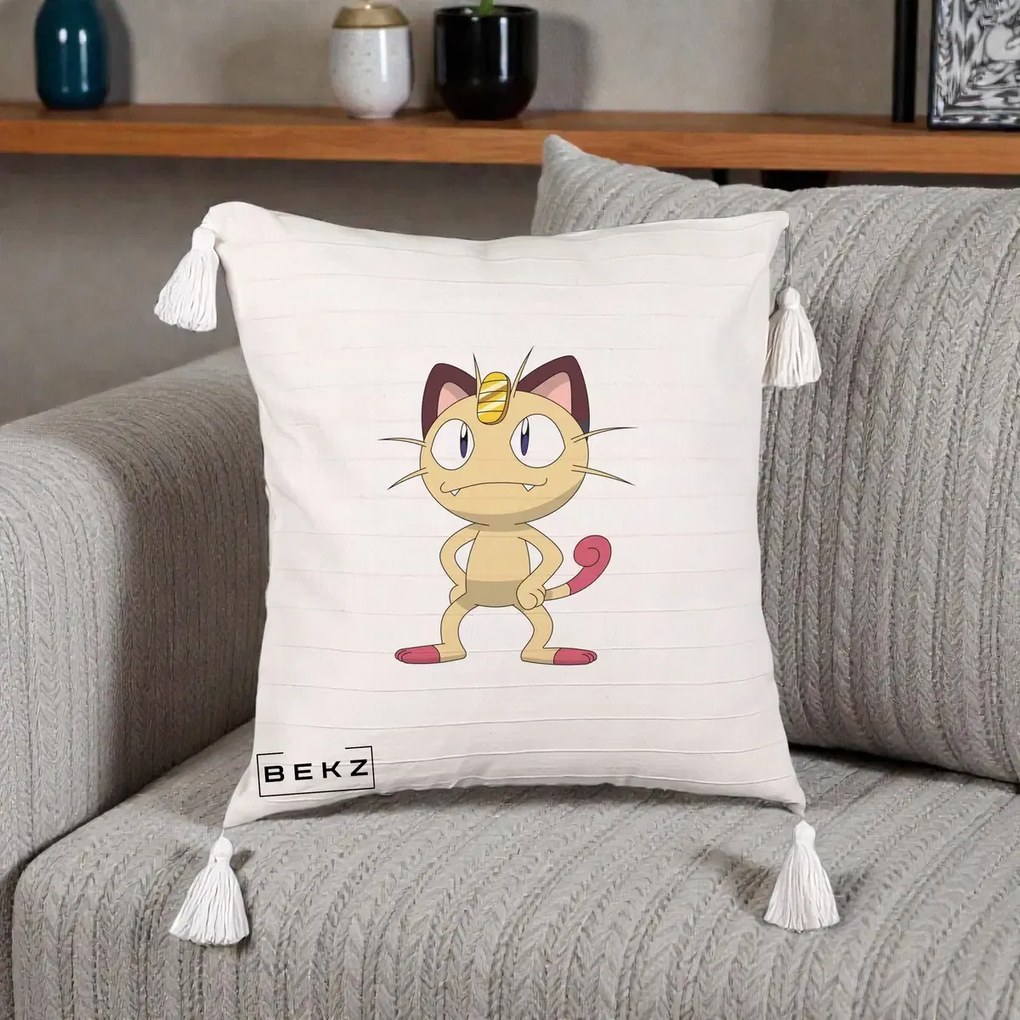Perna Personalizata Meowth Pokemon, 40x40 cm, Bej cu Franjuri, Husa Detasabila, Perna Inclusa, BEKZ®