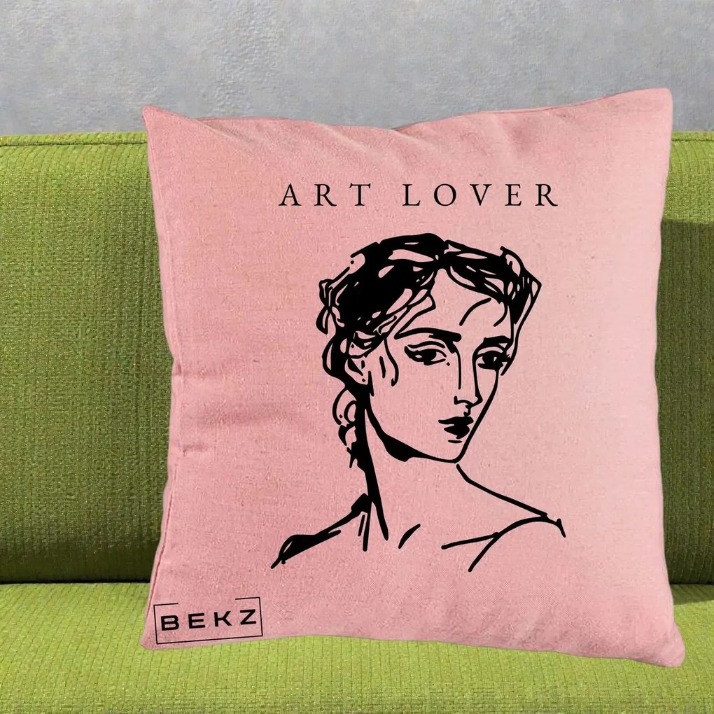 Perna Decorativa Art Lover Portret Grafic, 40x40 cm, Roz, Husa Detasabila, Perna Inclusa, BEKZ®