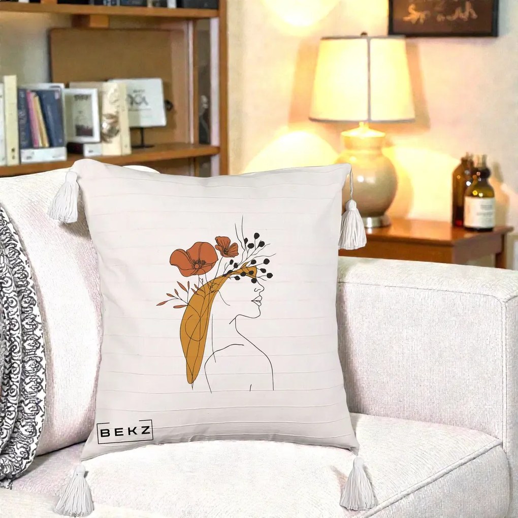 Perna Decorativa Portret Feminin Maci Rosii Auriu, 40x40 cm, Bej cu Franjuri, Husa Detasabila, Perna Inclusa, BEKZ®