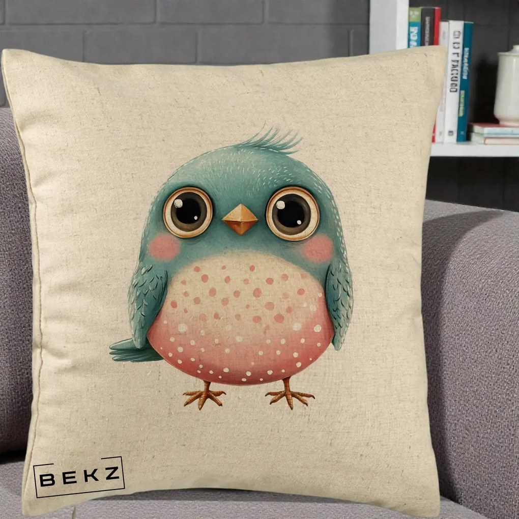 Perna Decorativa Pasare Teal-Roz cu Pete, 40x40 cm, Bej, Husa Detasabila, Perna Inclusa, BEKZ®