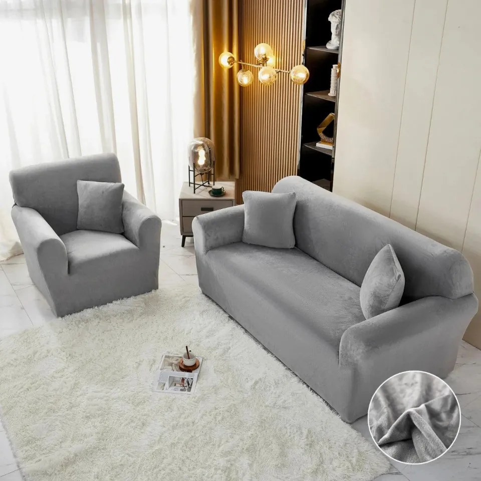 Set huse elastice din catifea pentru canapea 3 locuri + 2 fotolii, cu brate, gri deschis, HCCJS-09