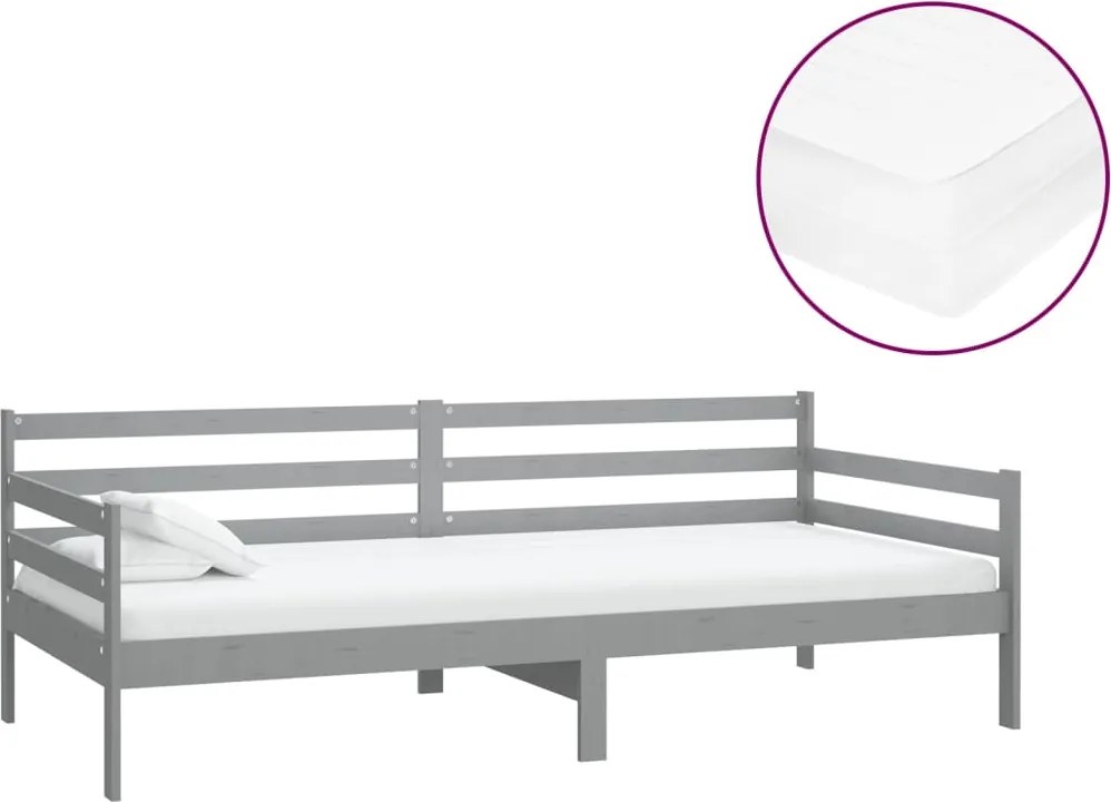 vidaXL Pat de zi cu saltea, gri, 90x200 cm, lemn masiv de pin