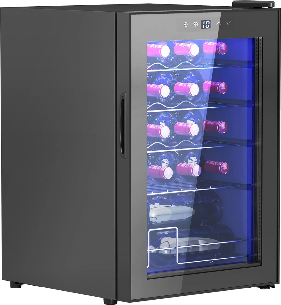 HOMCOM Frigider pentru Vinuri de 20 Sticle cu Temperatură Unică 5-18°C, Geam Anti-UV și Rafturi Reglabile, 43x45x64 cm, Negru | Aosom Romania