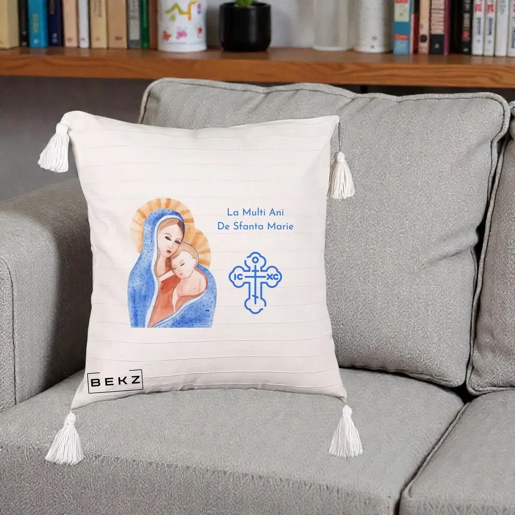 Cadou de Onomastica - Perna Personalizata Sfanta Marie Icoana Acuarela, 40x40 cm, Bej cu Franjuri, Husa Detasabila, Perna Inclusa, BEKZ®