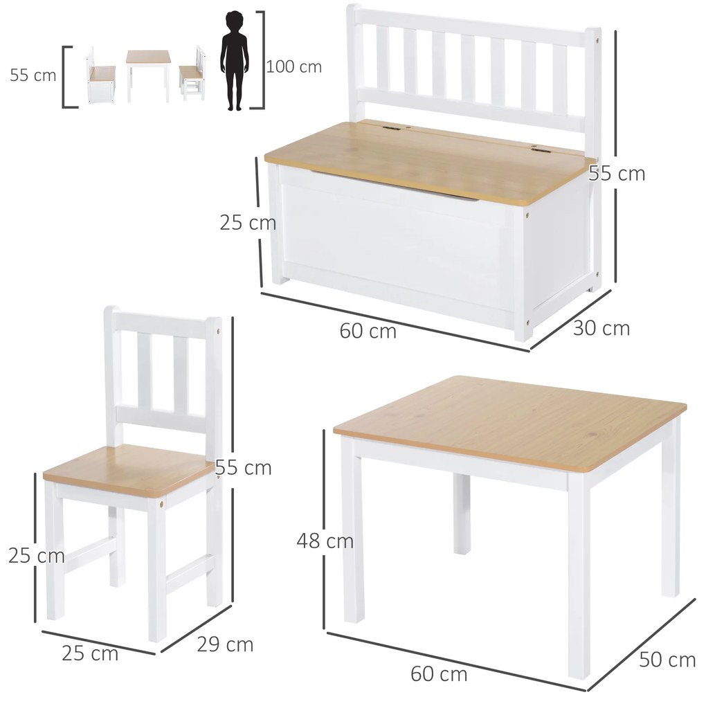 Homcom Set 4 Pezzi Tavolino con Sedie e Panca Portaoggetti per Bambini in Legno
