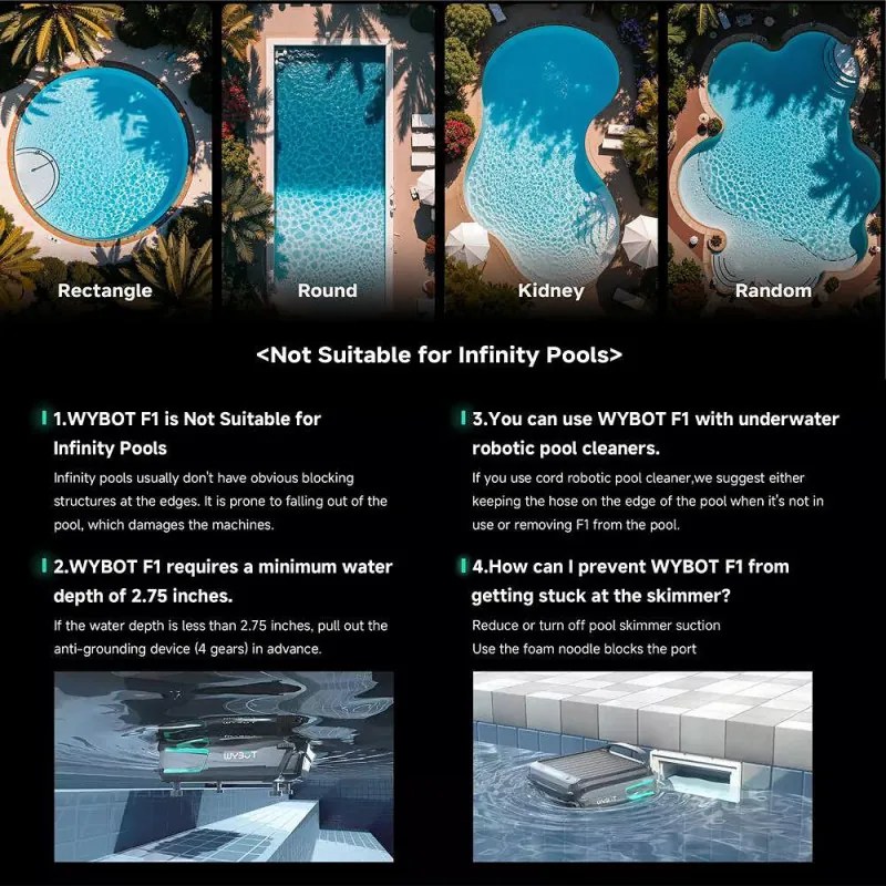 Skimer pentru curatarea suprafetei apei din piscine Wybot F1, Alimentare solara / DC, Pana la 8 ore, 7 l, Aplicatie mobila, Negru