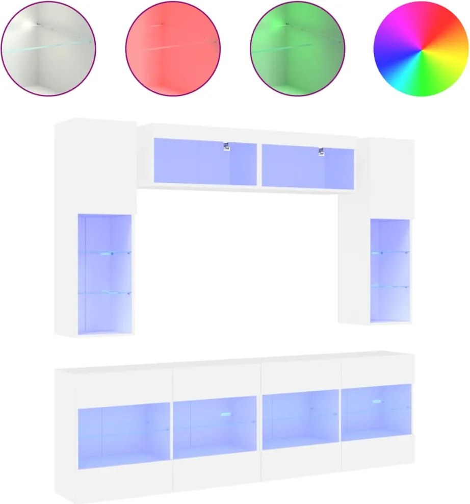 vidaXL Set comode TV de perete, 6 piese, cu lumini LED, alb