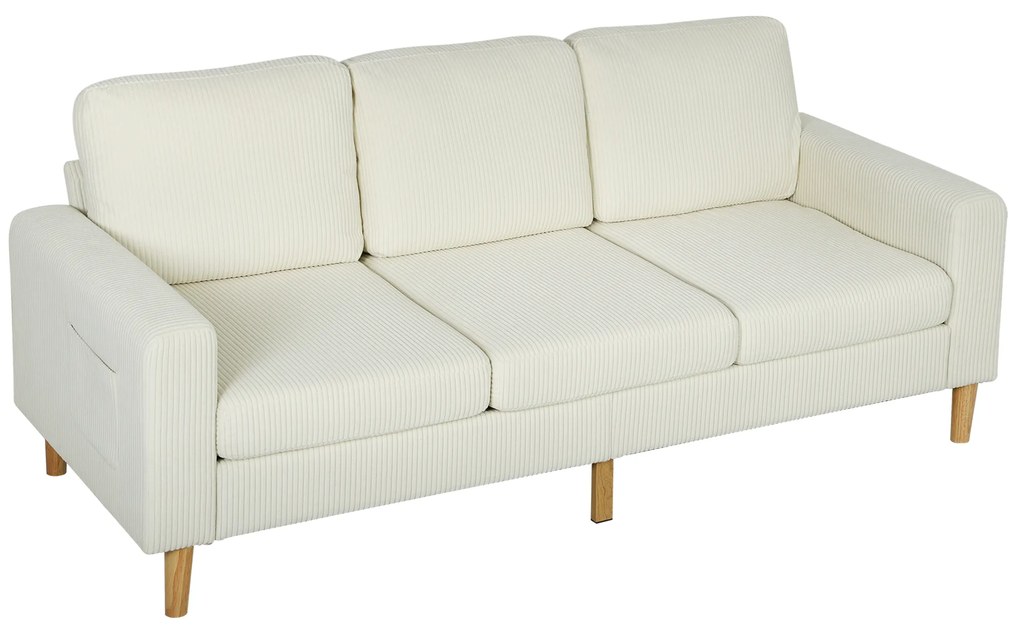HOMCOM Canapea 3 locuri din catifea cotelată, canapea cu perne cu arcuri și șezut rembursat, 192x80x84,5cm, bej | Aosom Romania