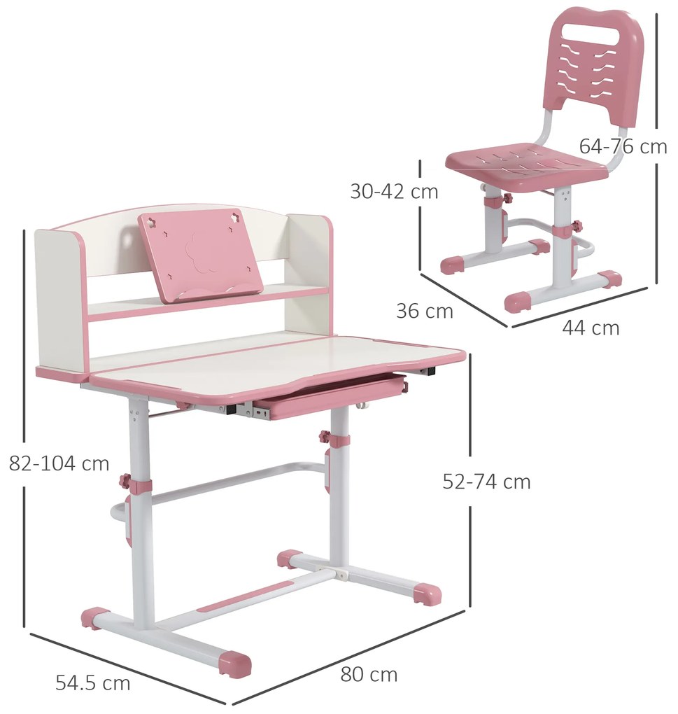 Set Birou si Scaun pentru Copii Reglabil in Inaltime cu Sertar, Raft pentru Carti, pentru 6-12 ani - Roz ZONEKIZ | Aosom Romania