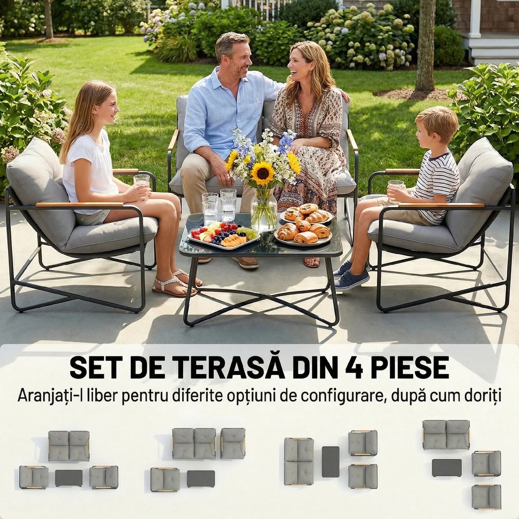 Set de Grădină Outsunny cu Canapea, 2 Fotolii și Măsuță cu Blat din Sticlă, Mobilier de Exterior cu Perne Groase, Gri Deschis | Aosom Romania