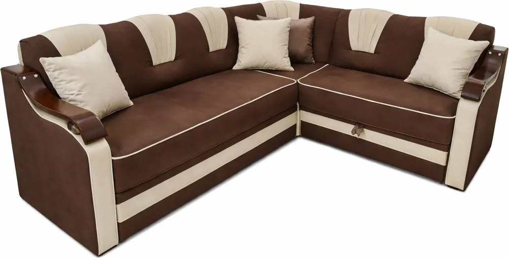 Coltar VALAHIA extensibil, lada de depozitare, stofa crem cu maro, 270x220x90 Maro + Crem