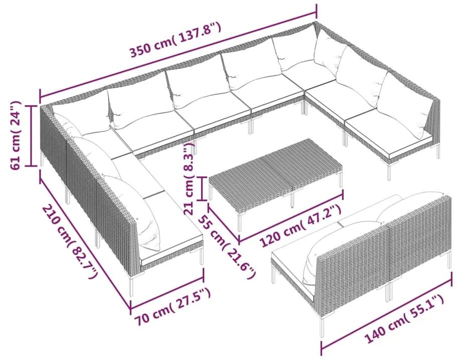 Set mobilier de gradina cu perne 12 piese gri inchis poliratan 2x colt + 9x mijloc + masa, 1