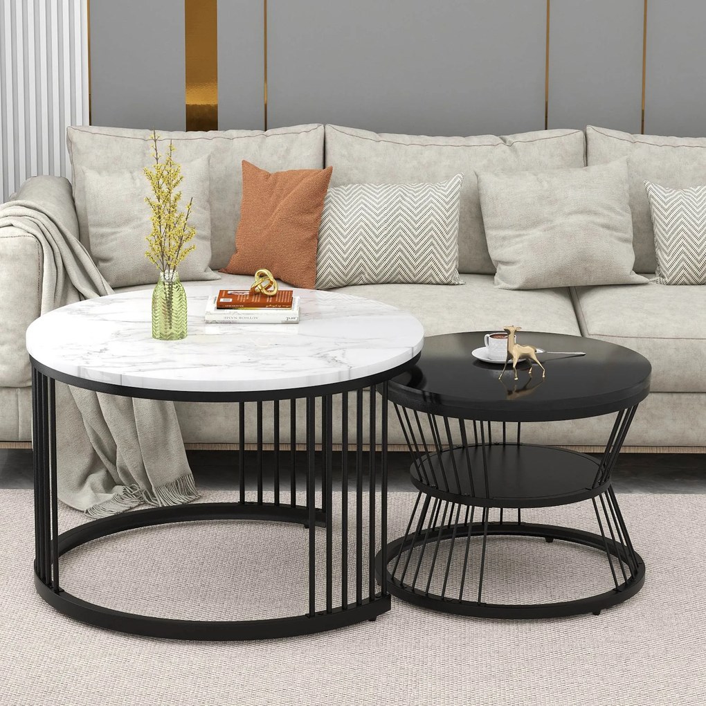 Set 2 Mese de Cafea Moderne cu Îmbinare, Negru+Alb | Aosom Romania