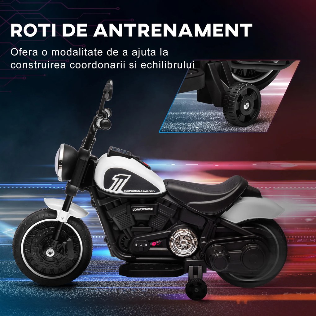 HOMCOM Motocicletă Electrică pentru Copii 18-36 Luni cu Roți Ajutătoare și Far, 76x42x57 cm, Alb și Negru | Aosom Romania