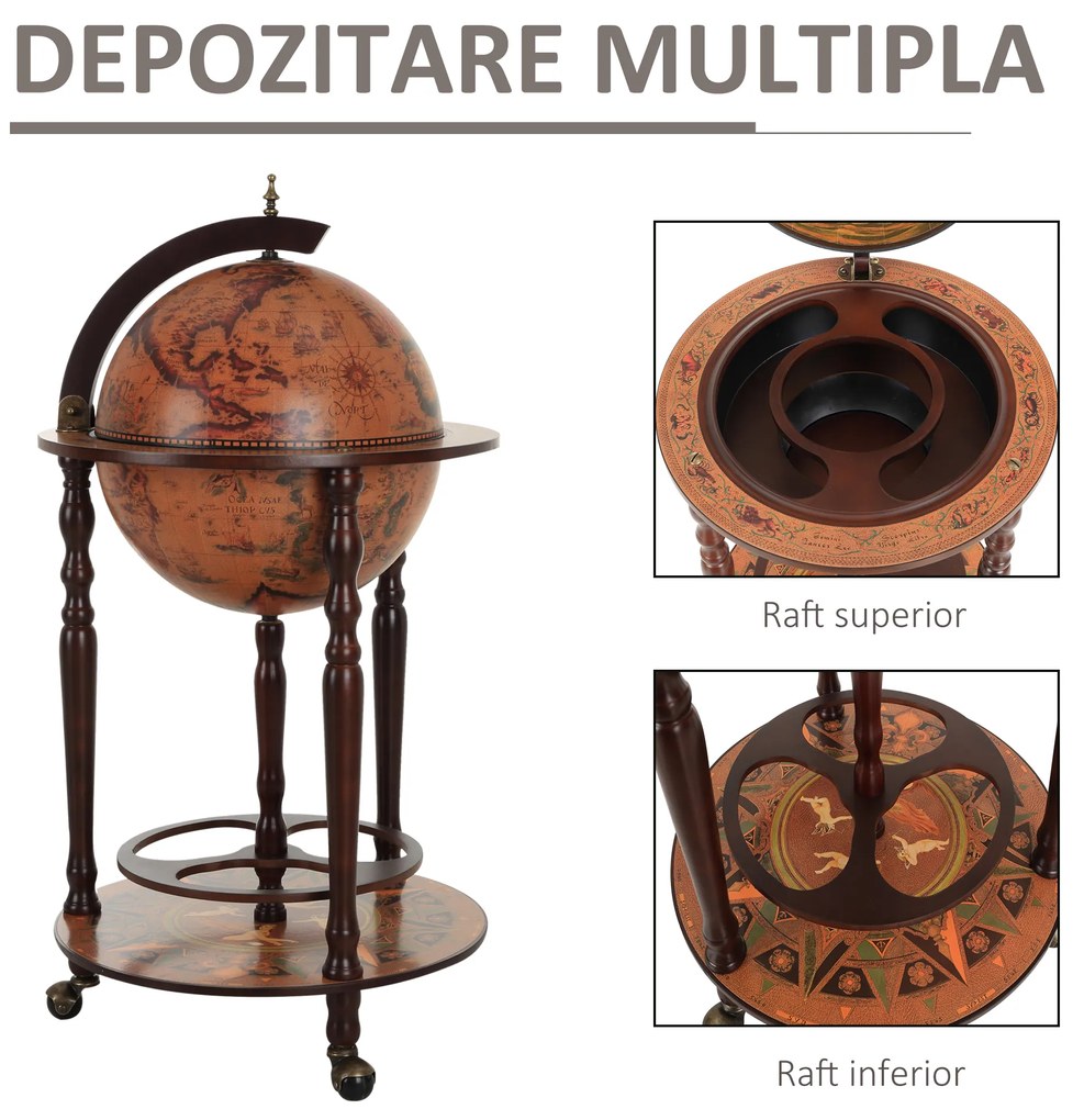 Bar in forma de Glob HOMCOM, Suport Sticle, din lemn cu 3 roți, Ф47x90cm | AOSOM RO