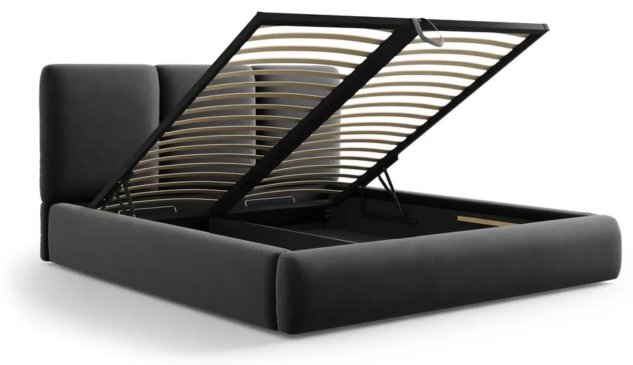 Pat matrimonial gri închis tapițat din catifea cu spațiu de depozitare cu somieră 160x200 cm Brody – Mazzini Beds