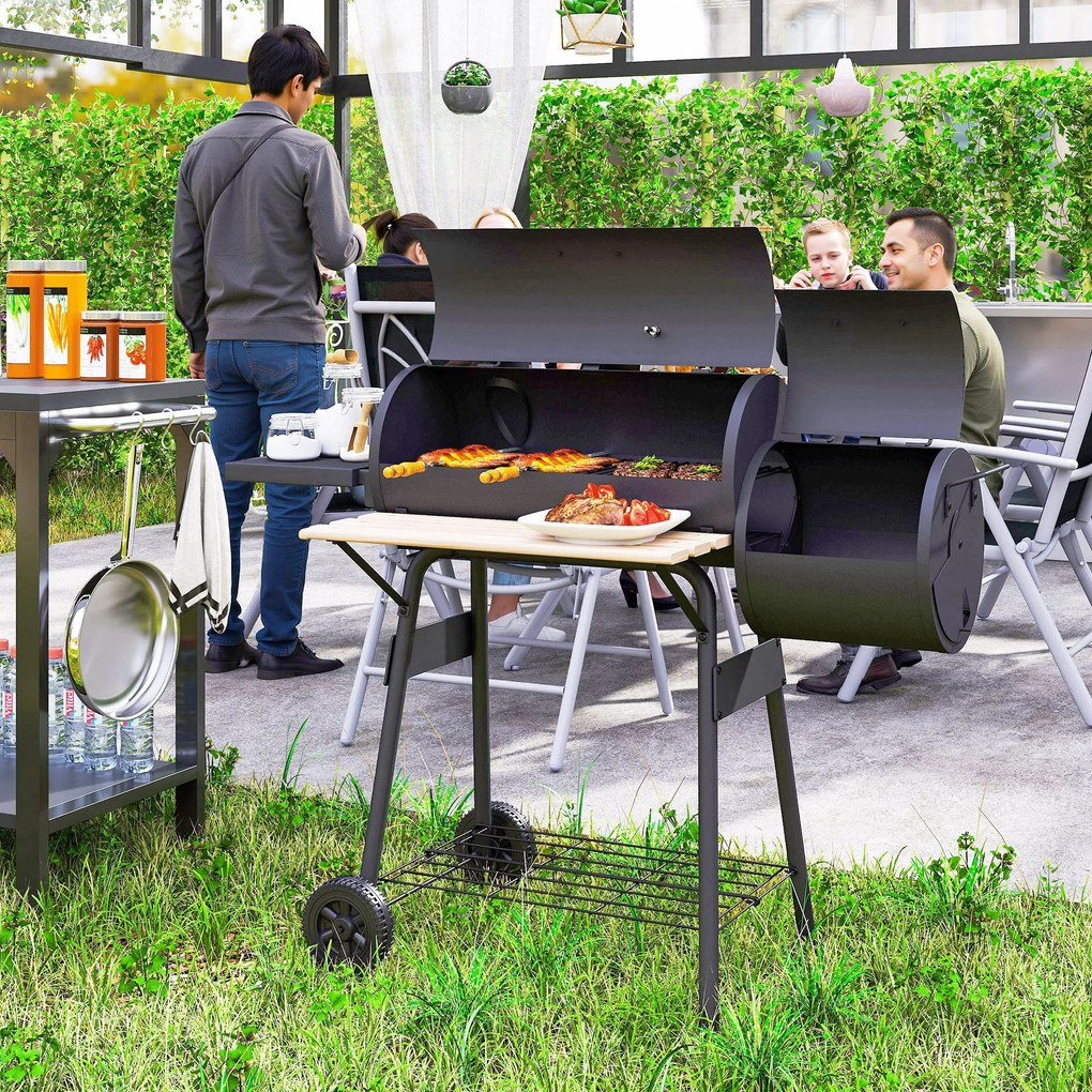 Outsunny Gratar de gradina cu capac si afumator, gratar pe carbune cu rafturi si roti 124x53x104cm, negru | AOSOM RO