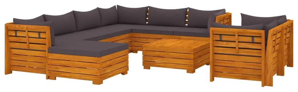 Set mobilier gradina cu perne, 10 piese, lemn masiv de acacia Morke gra, 5x colt + 3x mijloc + suport pentru picioare + masa, 1