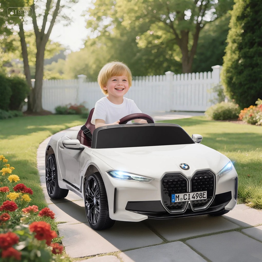 HOMCOM Masinuta Electrica pentru Copii BMW i4 cu Licenta de 12V cu Telecomanda, Baterii Portabile, Muzica, Claxon, pentru 3-6 ani Alb | Aosom Romania
