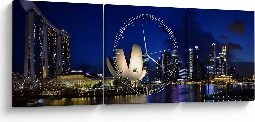 Tablou Singapore nocturn (cu ceas) (90x30 cm)