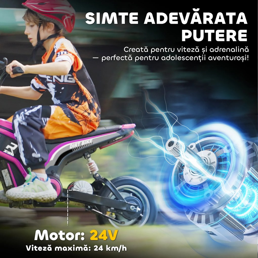 HOMCOM Motocicletă Electrică pentru Copii de 8-12 Ani cu Accelerație Manuală, și 2 Viteze, 119x64x76,5 cm, Roz | Aosom Romania