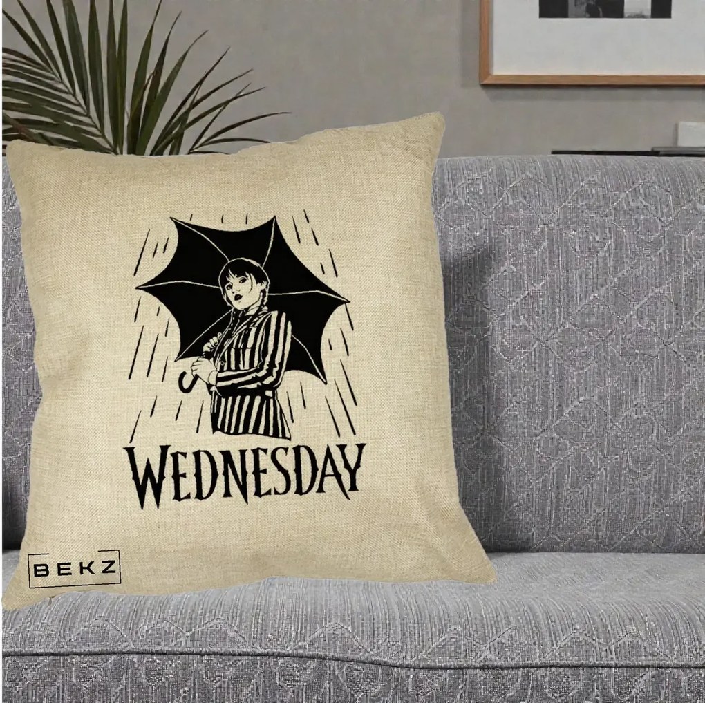 Perna Personalizata Wednesday cu Umbrela Ploaie Lineart, 40x40 cm, Crem, Husa Detasabila, Perna Inclusa, BEKZ®