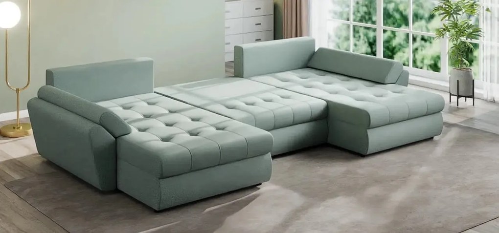 Colțar extensibil dumonde cu ladă de depozitare si sezut confortabil din spuma high-density, Loana U Enjoy Mint 355x185 cm