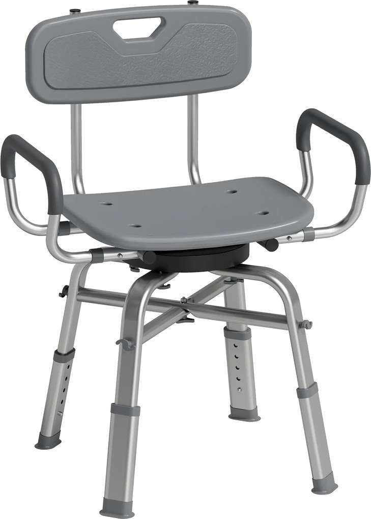 HOMCOM Scaun de Duș Rotativ cu Înălțime Reglabilă, Brațe și Spătar, Capacitate 150 kg, Gri | Aosom Romania