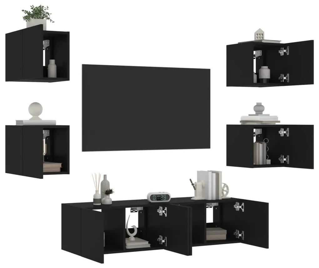 3216854 vidaXL Unități de perete TV cu LED-uri, 6 piese, negru, lemn prelucrat