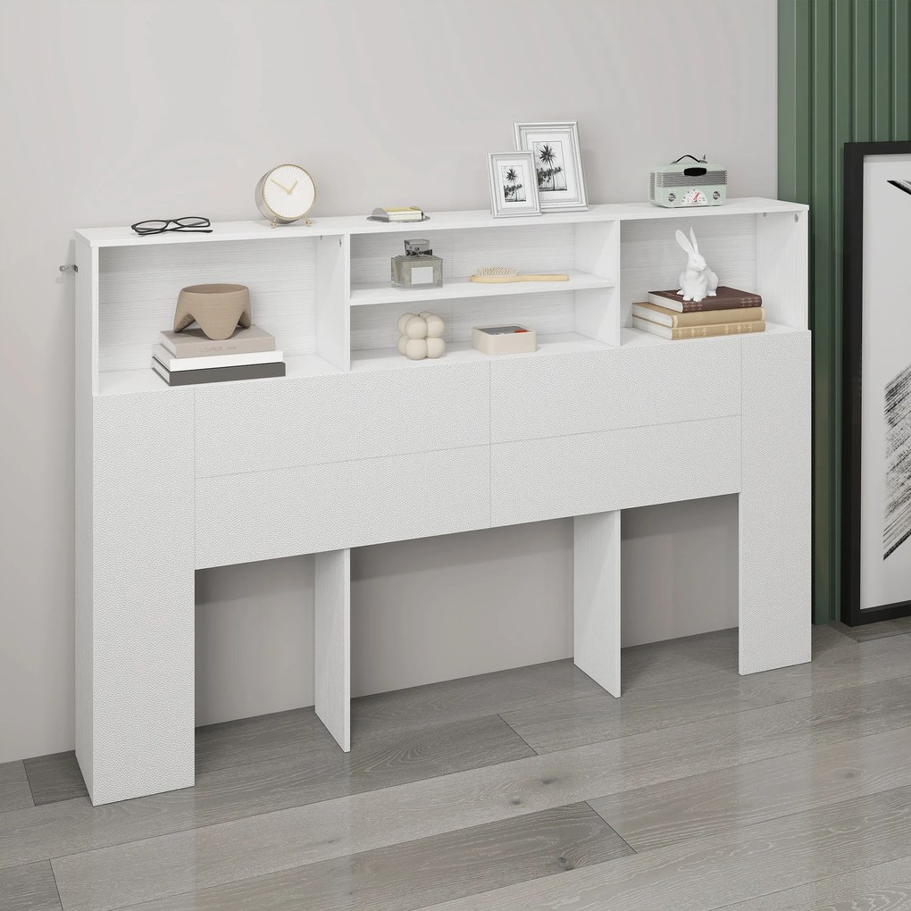 HOMCOM Tăblie pe picioare cu depozitare, accesoriu de pat 4 compartimente deschise, 160 x 20,2 x 108,2 cm, alb | Aosom Romania