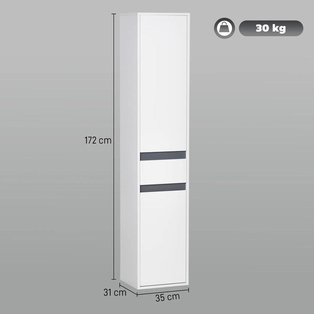 HOMCOM Dulap de Baie tip Coloană, cu 2 Dulapuri cu Polițe Reglabile și Sertar Central, Dulap Baie din Lemn, 35x31x172 cm, Alb | Aosom Romania