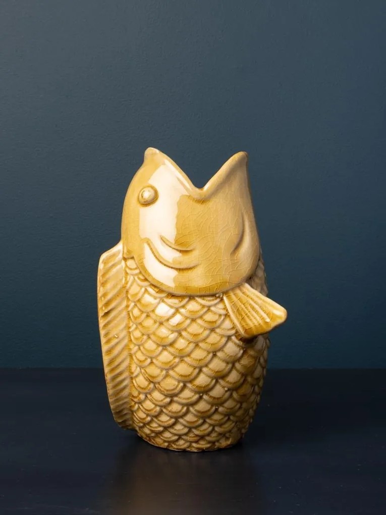 Vaza galbena, din ceramica, forma de peste, H20cm Stone
