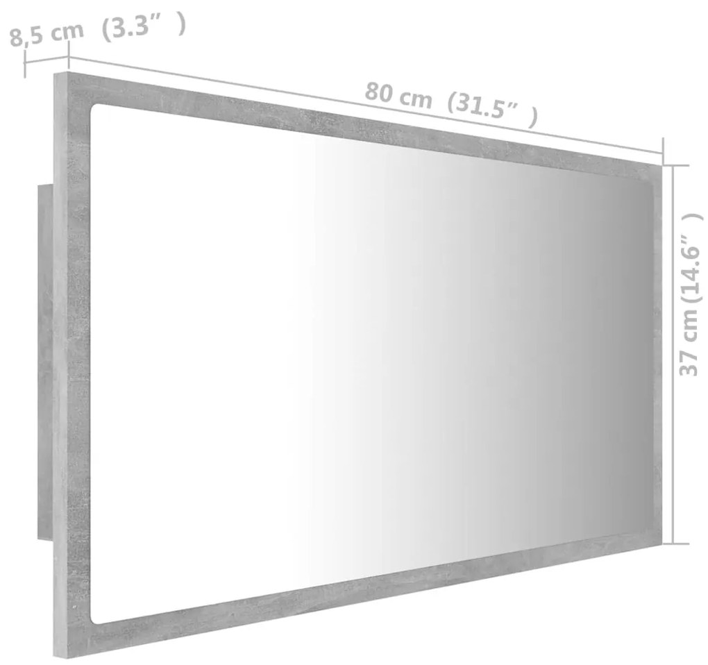 Oglinda de baie cu LED, gri beton, 80x8,5x37 cm, lemn prelucrat Gri beton