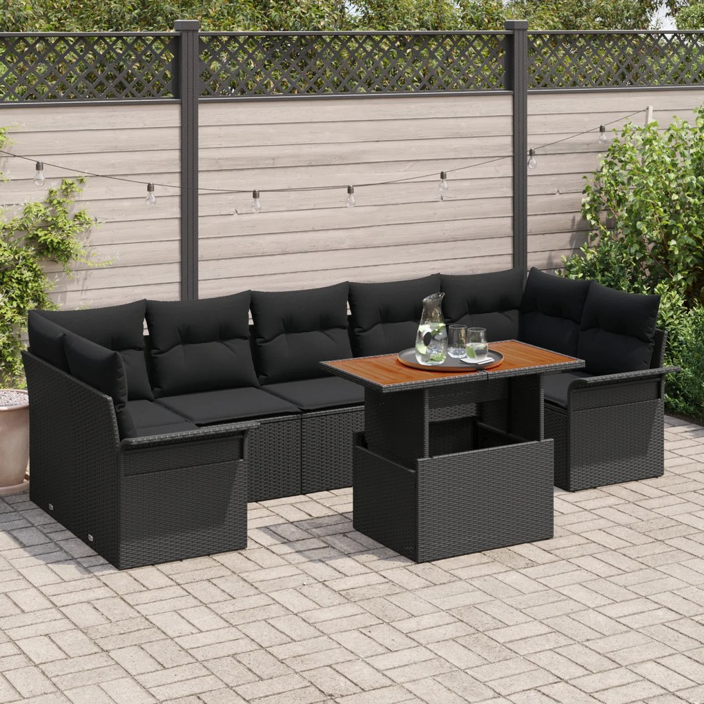 vidaXL Set de canapele de grădină, 8 piese cu perne, din ratan sintetic negru și acacia