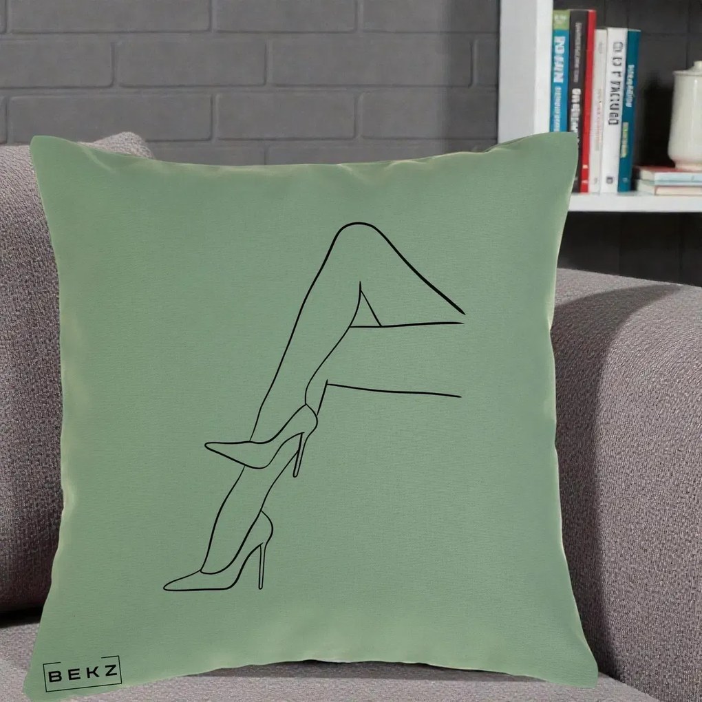 Perna Decorativa Picioare cu Tocuri Line Art, 40x40 cm, Verde, Husa Detasabila, Perna Inclusa, BEKZ®