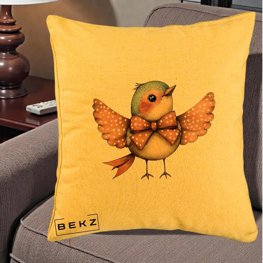 Perna Decorativa Pasare Roz cu Aripi si Fundita, 40x40 cm, Galben, Husa Detasabila, Perna Inclusa, BEKZ®