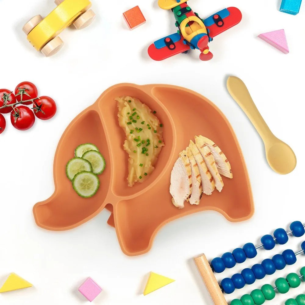 Farfurie pentru copii portocalie din silicon 18x23 cm Elephant – Orion