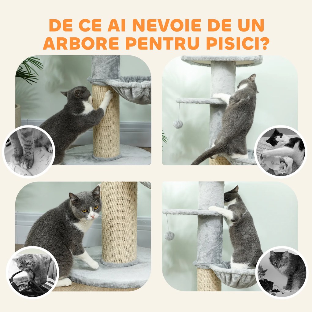 PawHut Ansamblu de joacă pentru pisici, 103.5 cm înălțime, cu pat și hamac, Gri | Aosom Romania