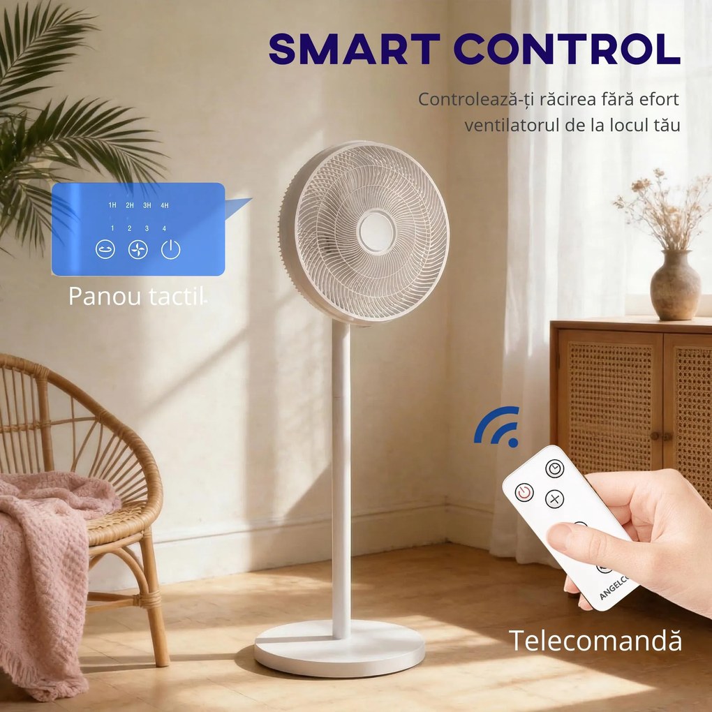 HOMCOM Ventilator de Podea cu Telecomandă, Reglabil pe Înălțime, 4 Viteze, Oscilație 80°, Timer 10 Ore, Alb, Ø40x90.5-118.5Î cm | Aosom Romania