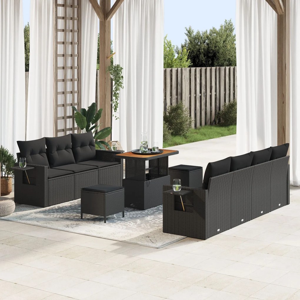 vidaXL Set de canapele pentru grădină 10 pcs Negru poliratan