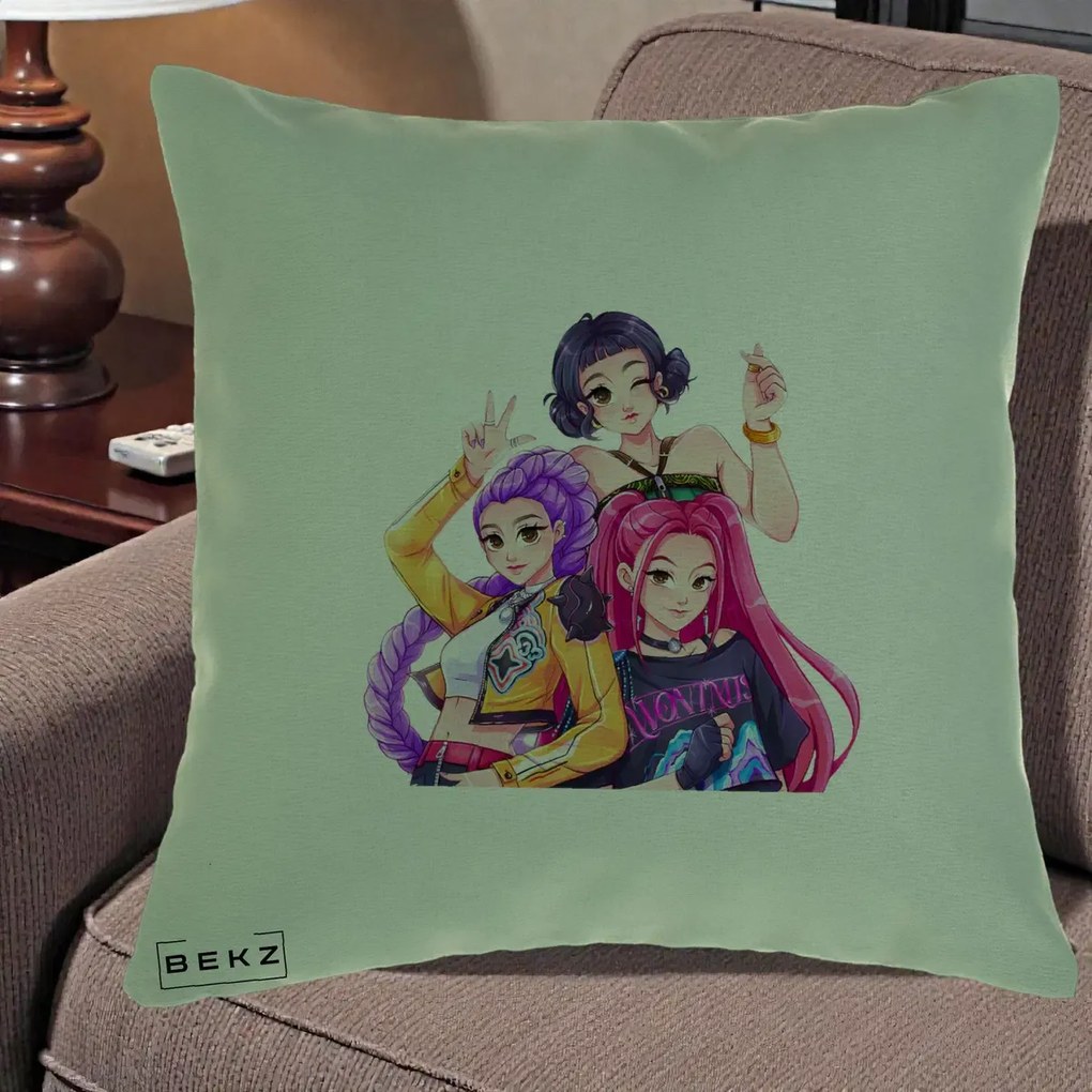 Perna Personalizata K-pop HUNTRX Trio Animat Fete Foto, 40x40 cm, Verde, Husa Detasabila, Perna Inclusa, BEKZ®