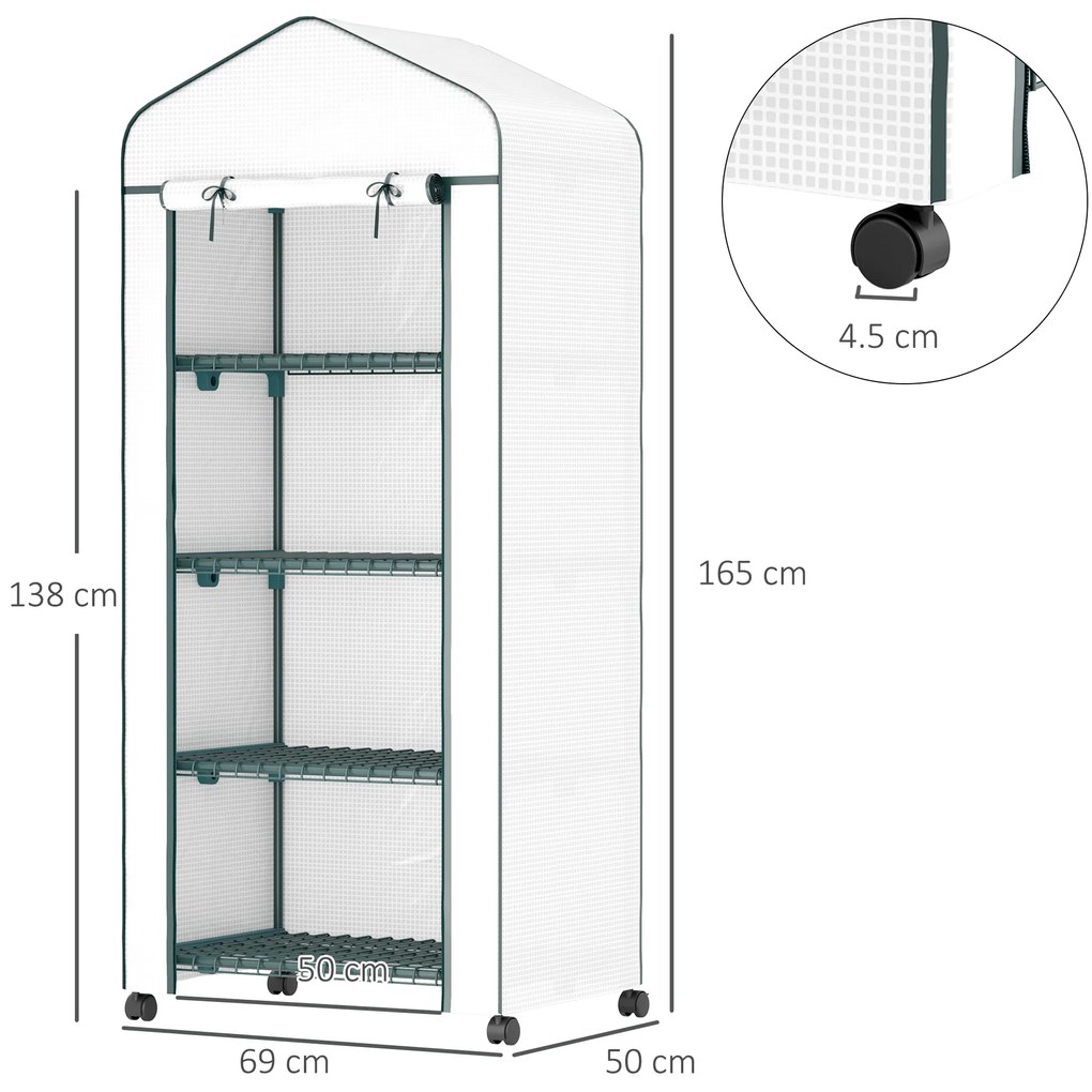 Outsunny Sera de polietilenă, seră, mini-seră, casa de plante, spațiu de germinare, 4 rafturi, 69 x 50 x 165 cm, alb | Aosom Romania
