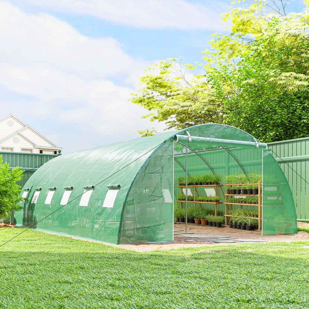 Outsunny Seră tunel de grădină Seră pentru legume oțel galvanizat Ø25mm și structură consolidată 395x595x199cm Verde | Aosom Romania